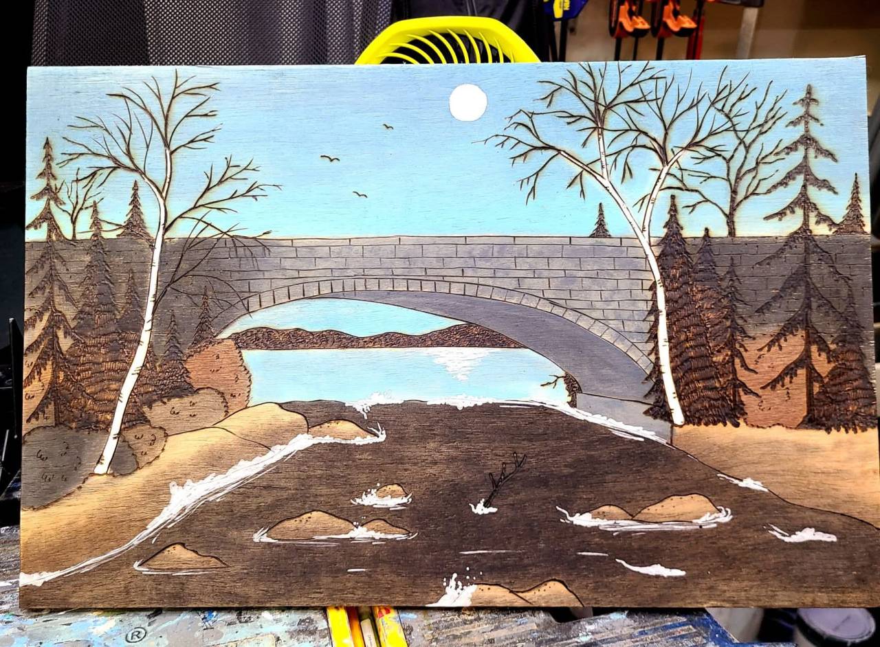 Bog River Falls bridge painting by D. Segool